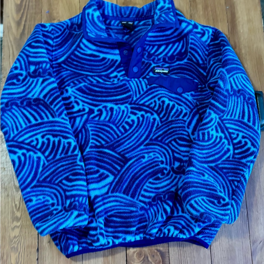 Patagonia Synchilla Waves HTF Kids M/10 Blue Fleece Pullover Great Shape!